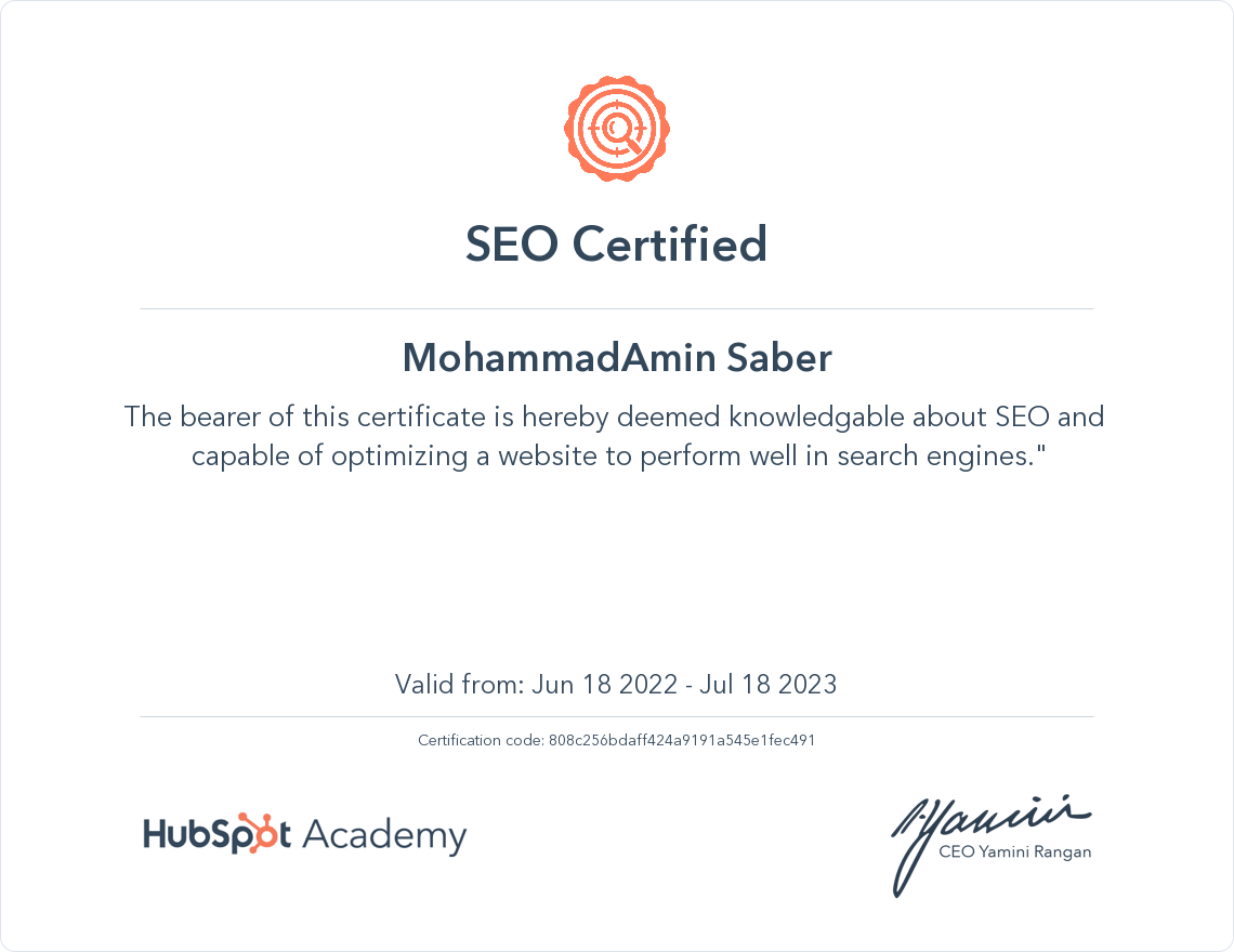 مدرک سئو و بهینه سازی وب سایت امین صابر از hubspot